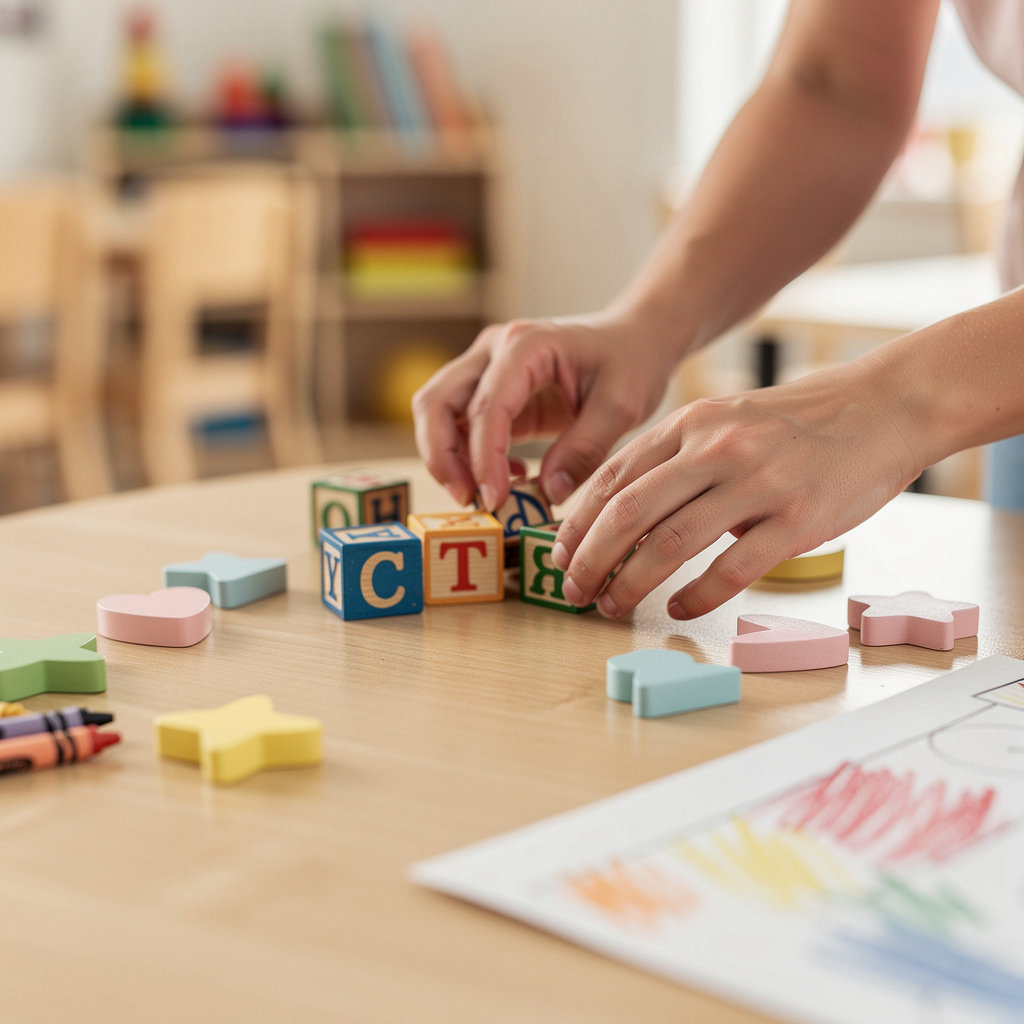 Tiny Teapots Preschool & Daycare children engaged in early literacy and math activities in a bright classroom